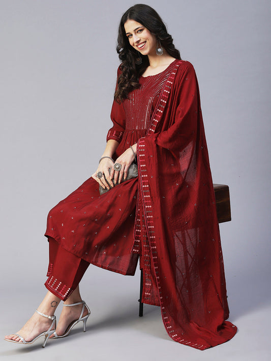 Solid Sequin Embroidered A-Line Kurta with Pant & Dupatta - Maroon