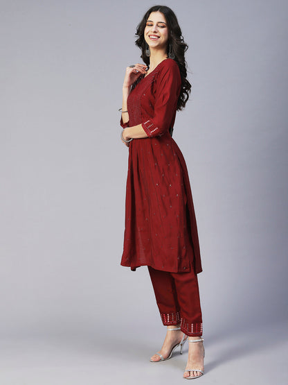Solid Sequin Embroidered A-Line Kurta with Pant & Dupatta - Maroon