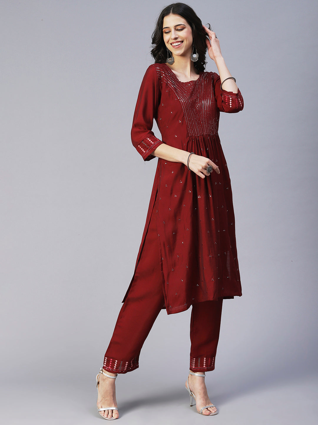 Solid Sequin Embroidered A-Line Kurta with Pant & Dupatta - Maroon