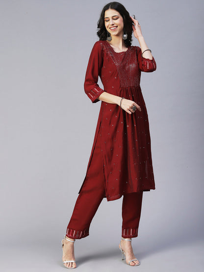 Solid Sequin Embroidered A-Line Kurta with Pant & Dupatta - Maroon