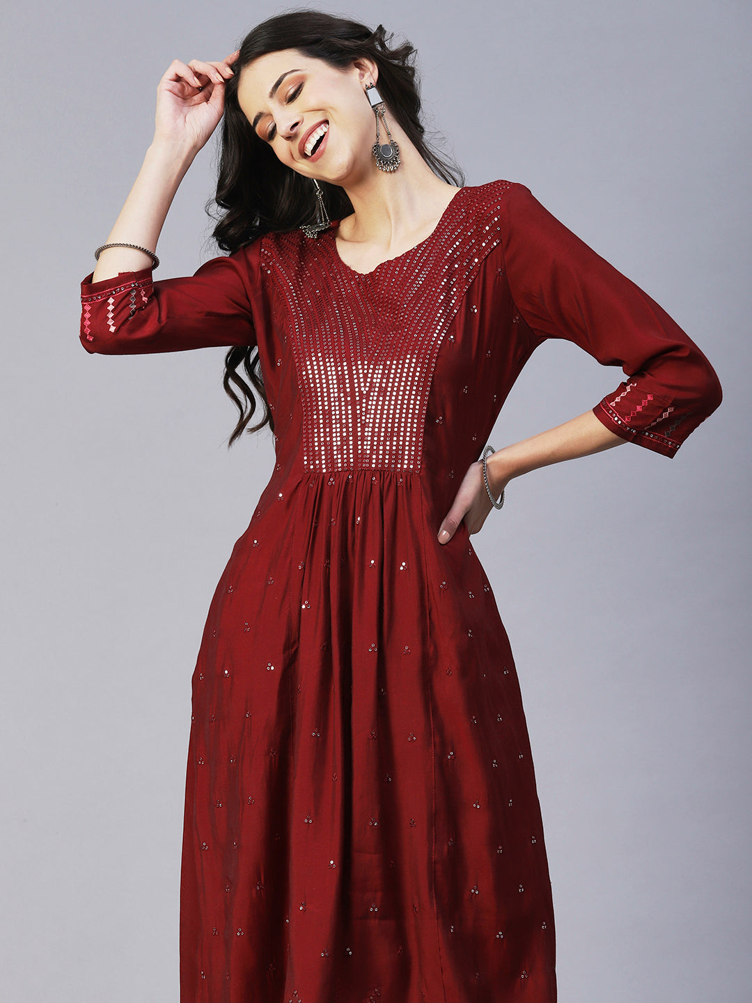 Solid Sequin Embroidered A-Line Kurta with Pant & Dupatta - Maroon