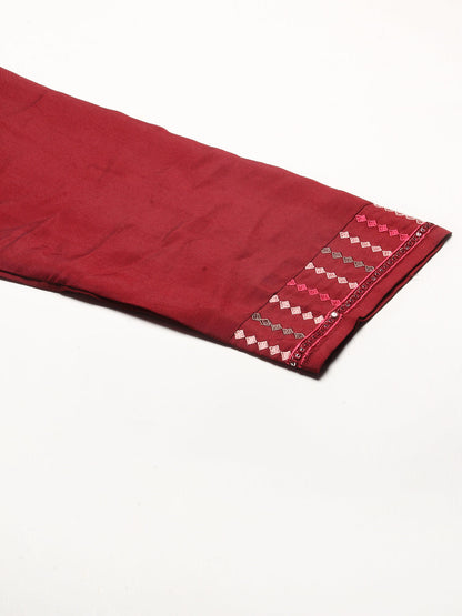 Solid Sequin Embroidered A-Line Kurta with Pant & Dupatta - Maroon
