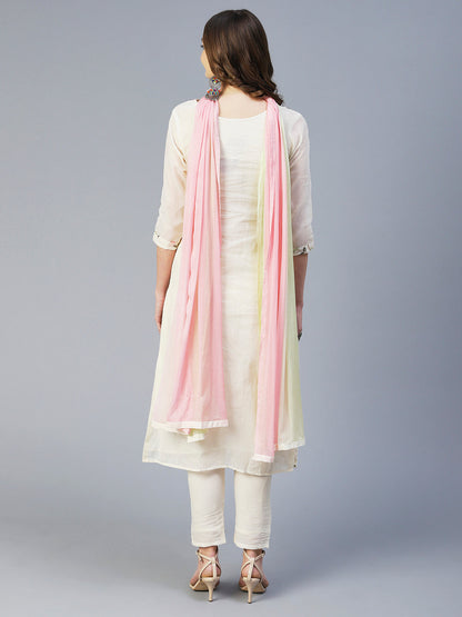 Solid Resham Embroidered Kurta With Pants & Dupatta - White