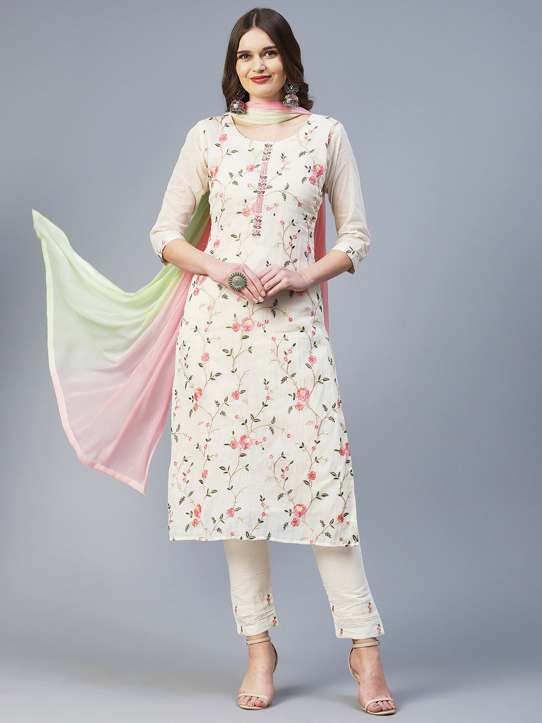 Solid Resham Embroidered Kurta With Pants & Dupatta - White