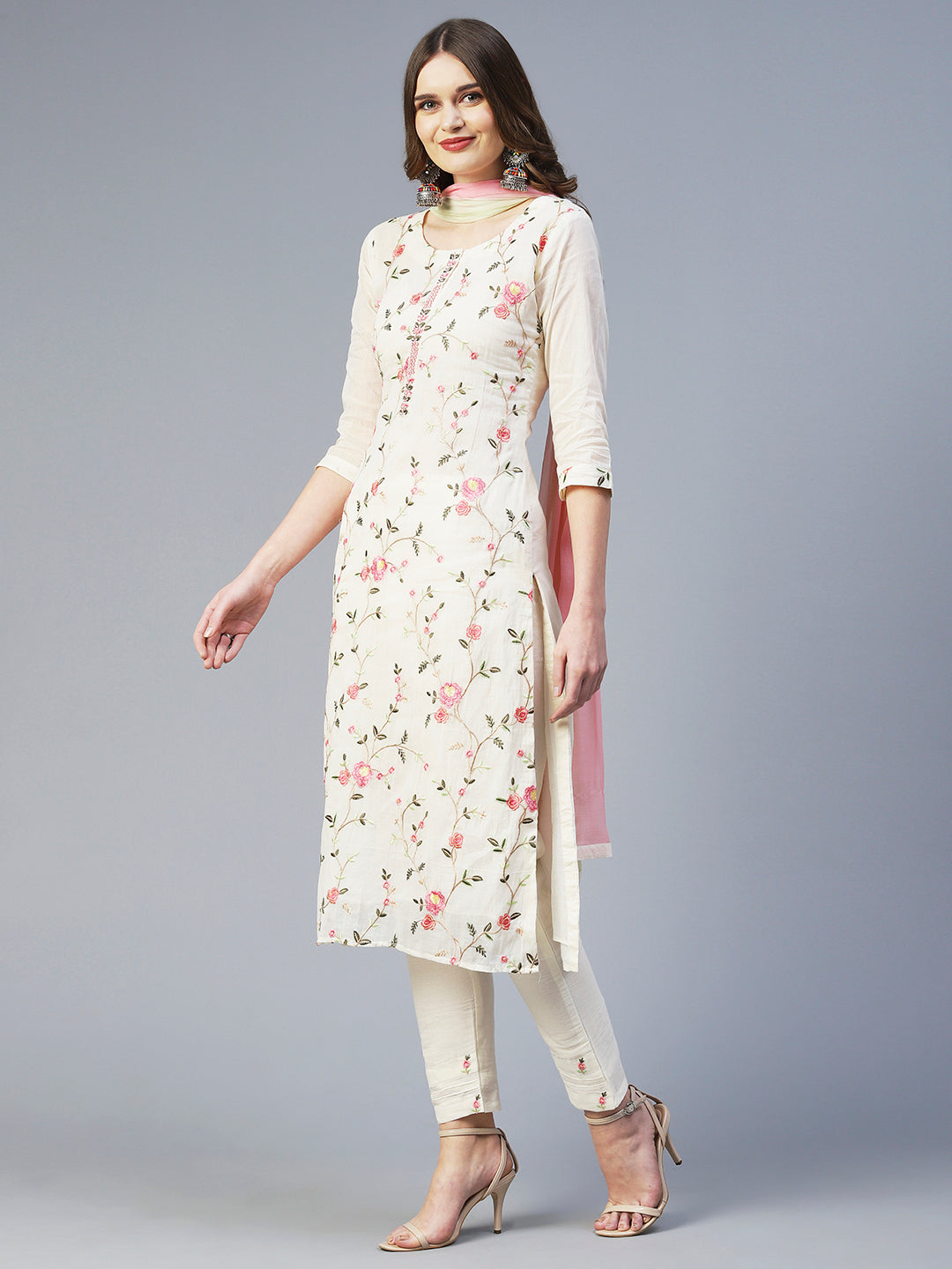 Solid Resham Embroidered Kurta With Pants & Dupatta - White
