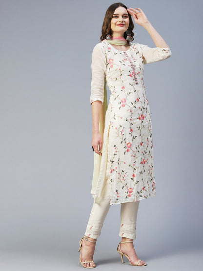 Solid Resham Embroidered Kurta With Pants & Dupatta - White