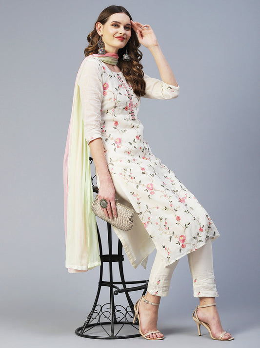 Solid Resham Embroidered Kurta With Pants & Dupatta - White