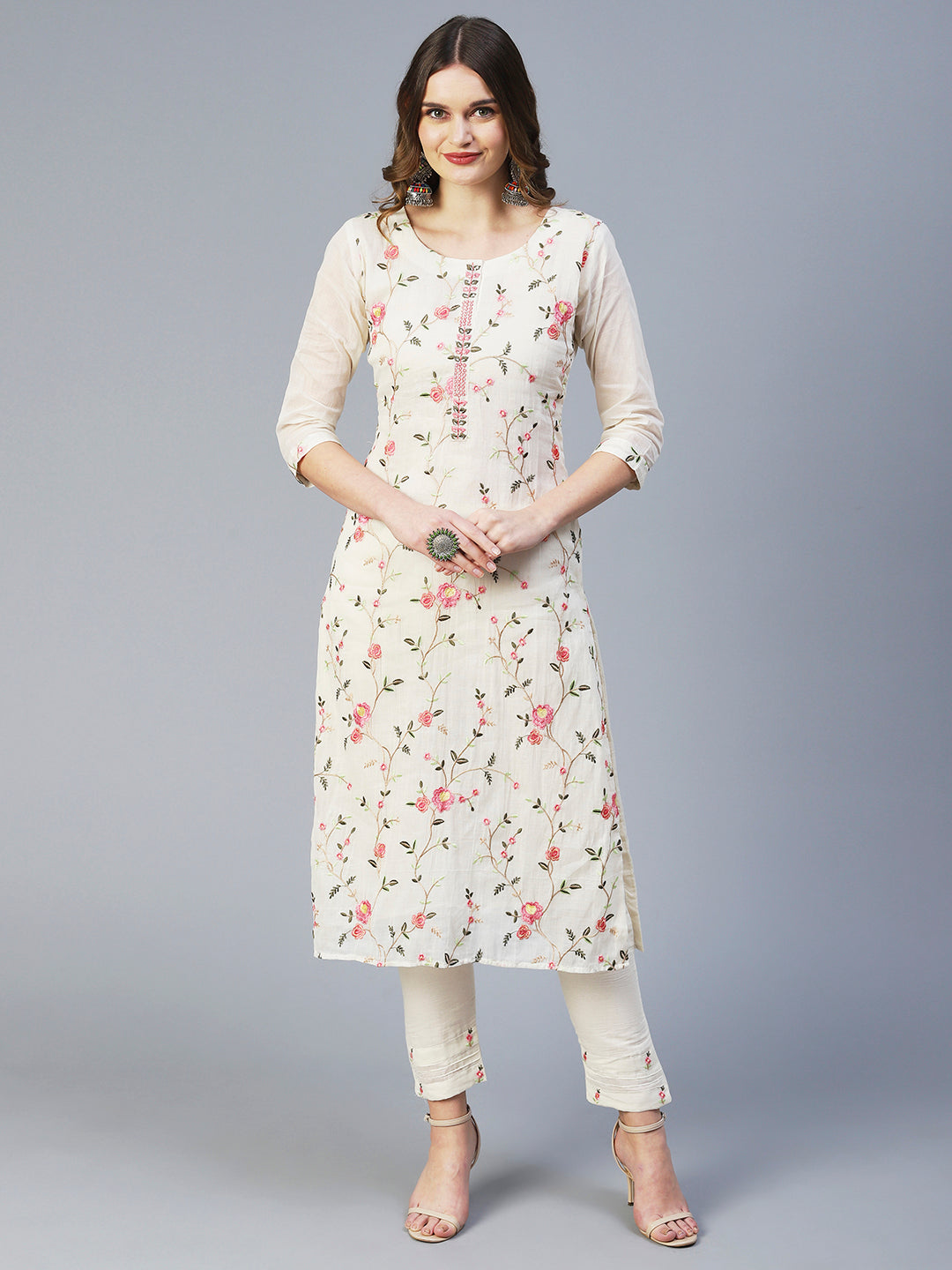 Solid Resham Embroidered Kurta With Pants & Dupatta - White