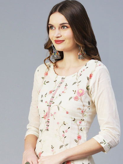 Solid Resham Embroidered Kurta With Pants & Dupatta - White