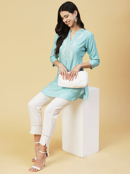 Ethnic Chikankari Embroidered A-line Kurti - Blue