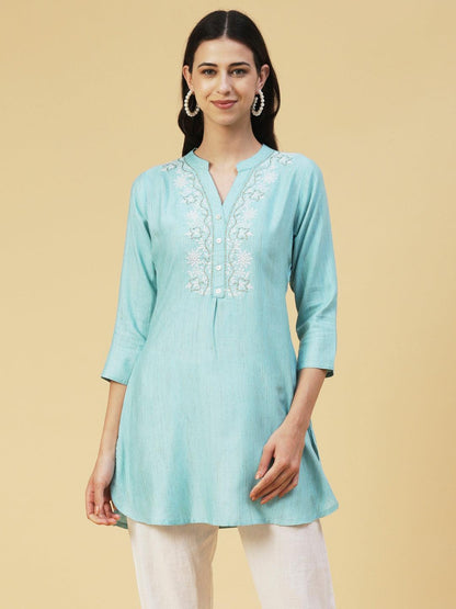 Ethnic Chikankari Embroidered A-line Kurti - Blue