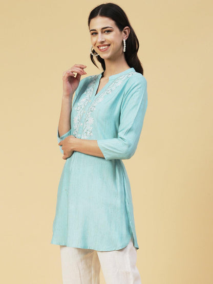 Ethnic Chikankari Embroidered A-line Kurti - Blue