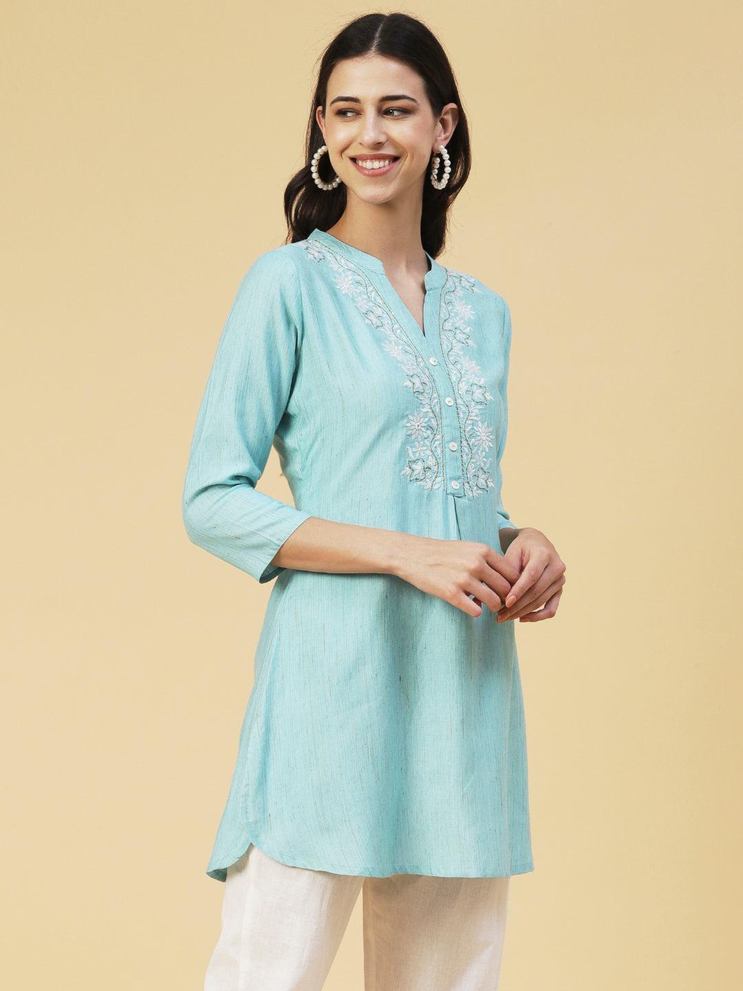 Ethnic Chikankari Embroidered A-line Kurti - Blue