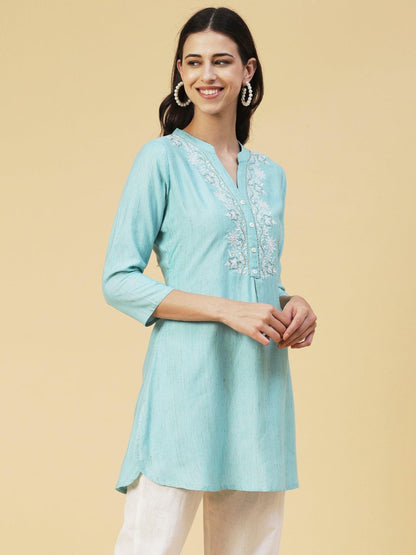 Ethnic Chikankari Embroidered A-line Kurti - Blue