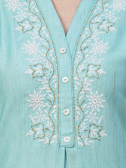 Ethnic Chikankari Embroidered A-line Kurti - Blue