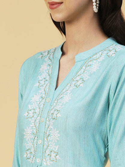Ethnic Chikankari Embroidered A-line Kurti - Blue