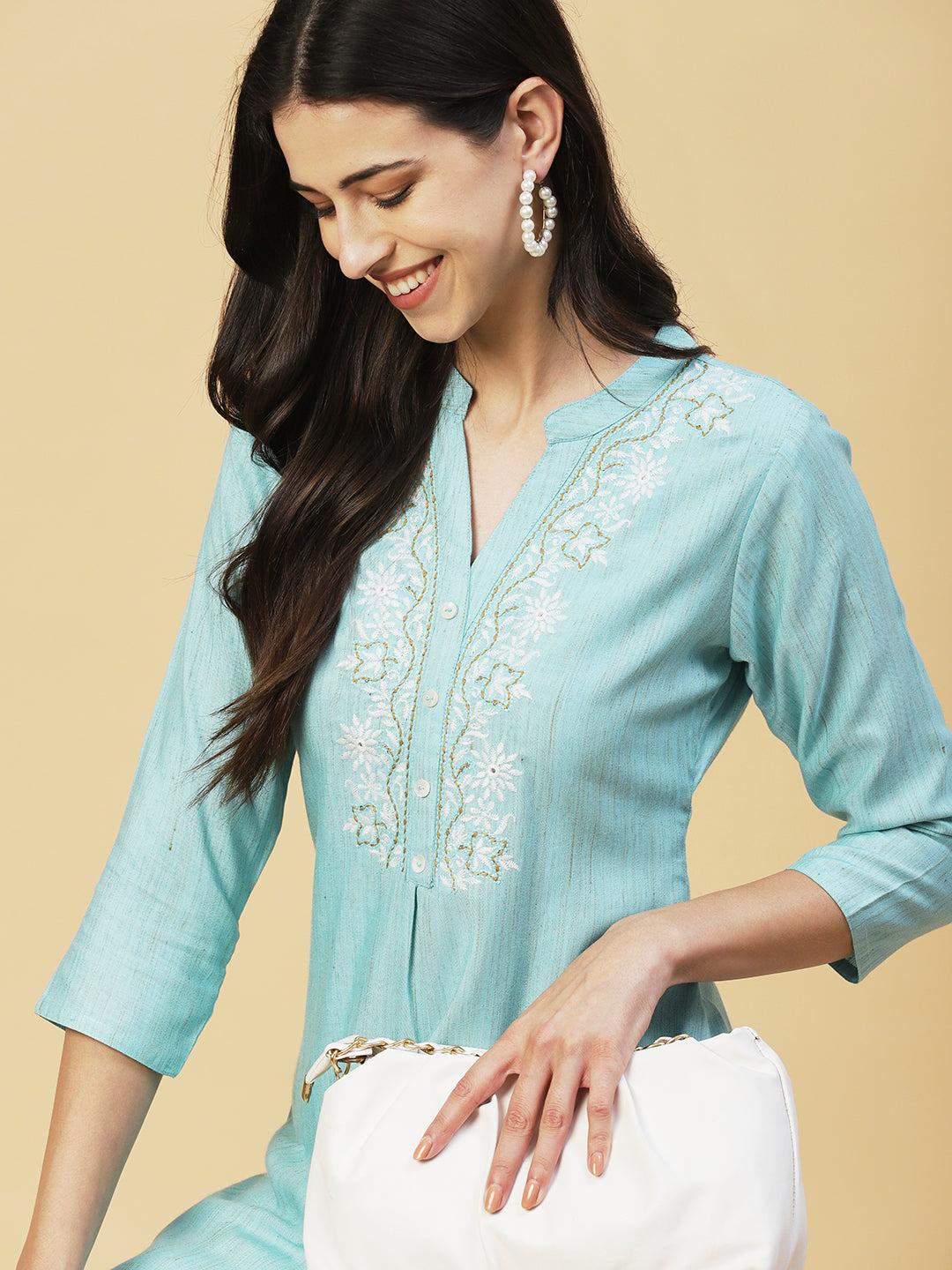 Ethnic Chikankari Embroidered A-line Kurti - Blue