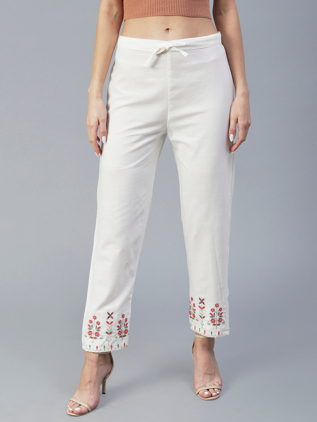 Solid Resham Embroidered Pants - White