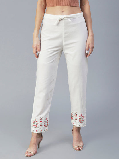 Solid Resham Embroidered Pants - White