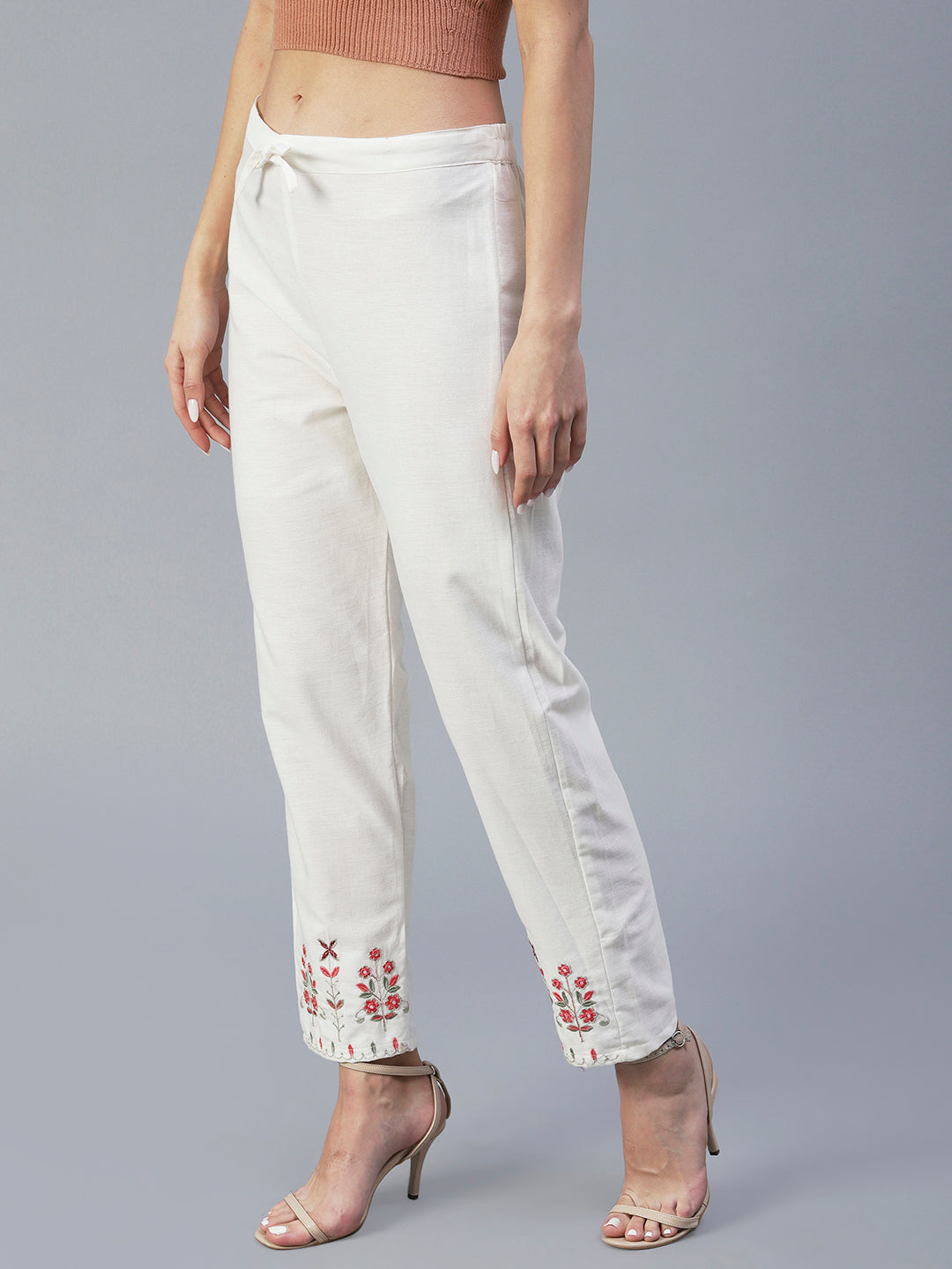 Solid Resham Embroidered Pants - White