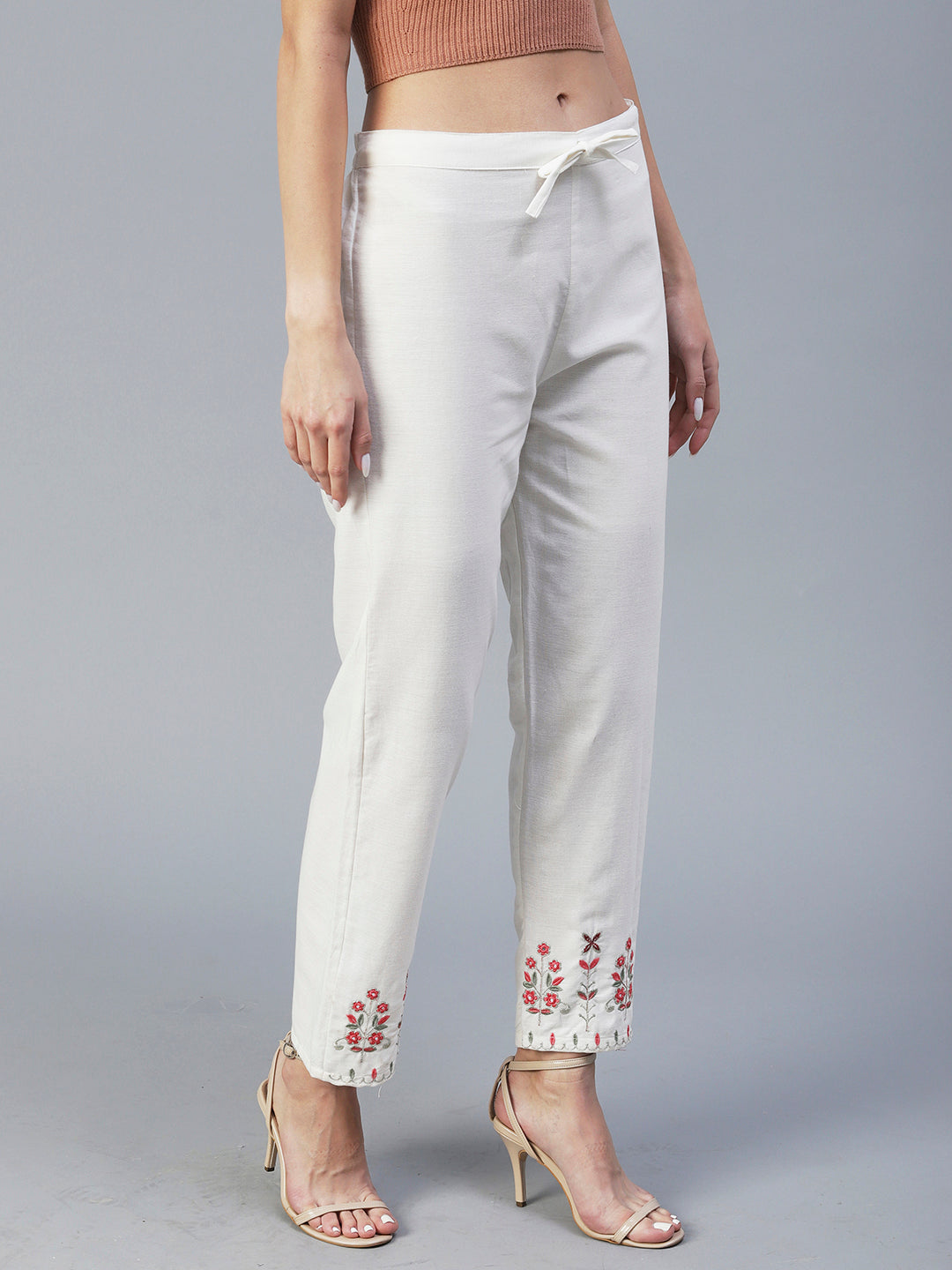 Solid Resham Embroidered Pants - White