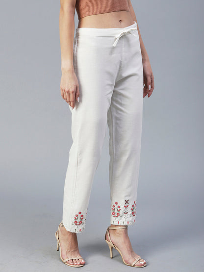 Solid Resham Embroidered Pants - White