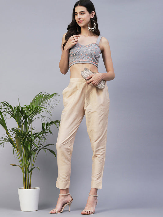 Solid Slub Pants - Beige