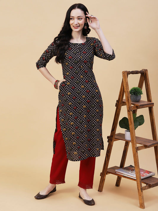 Elephant Printed Buttoned Kurta - Black