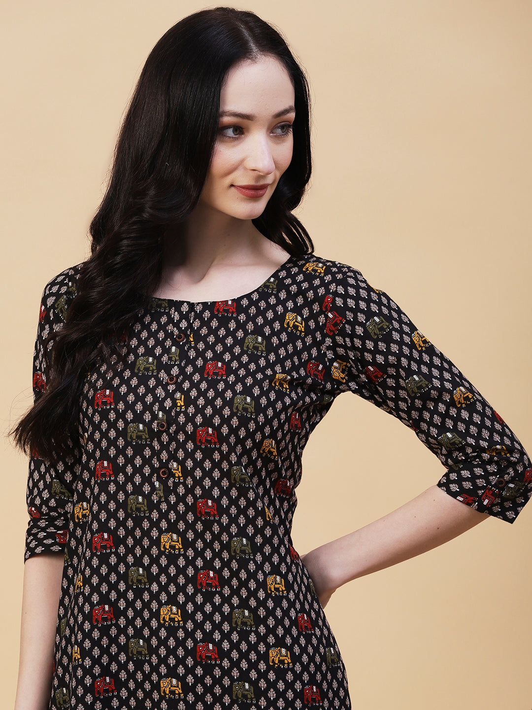 Elephant Printed Buttoned Kurta - Black