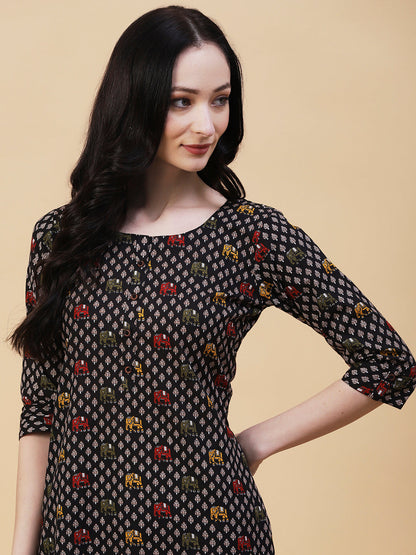Elephant Printed Buttoned Kurta - Black