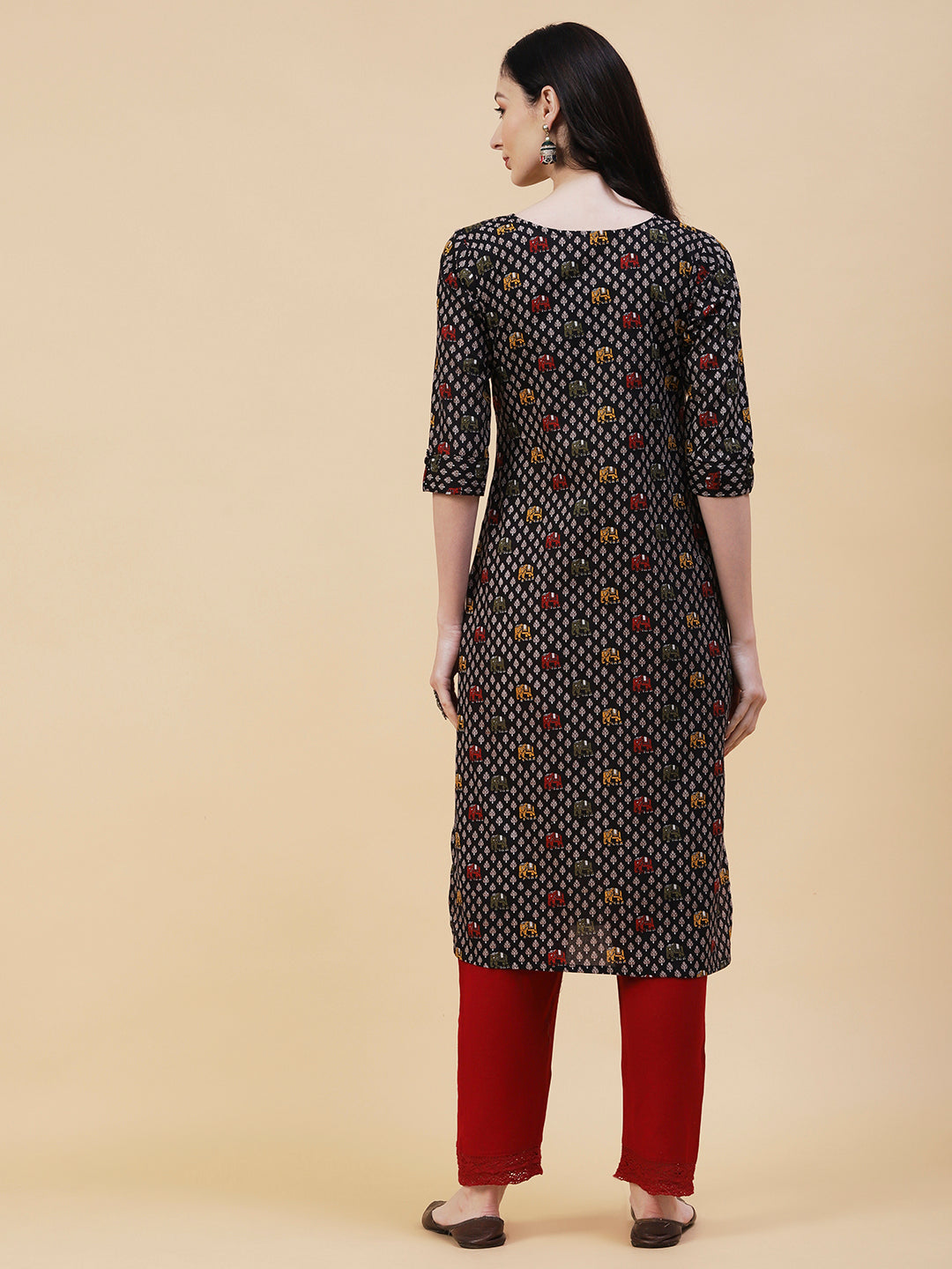 Elephant Printed Buttoned Kurta - Black