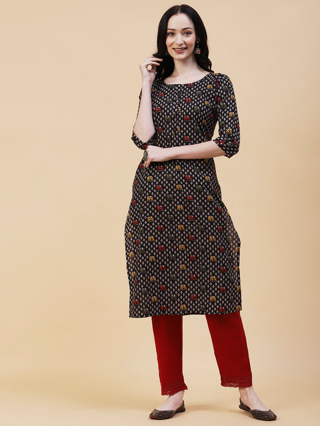 Elephant Printed Buttoned Kurta - Black