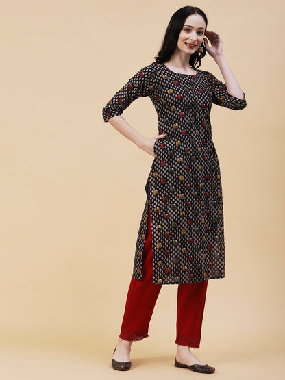 Elephant Printed Buttoned Kurta - Black