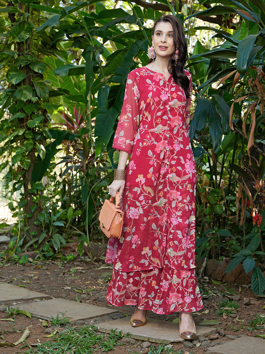Floral Printed A-Line Kurta with Palazzo - Dark Pink