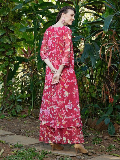 Floral Printed A-Line Kurta with Palazzo - Dark Pink