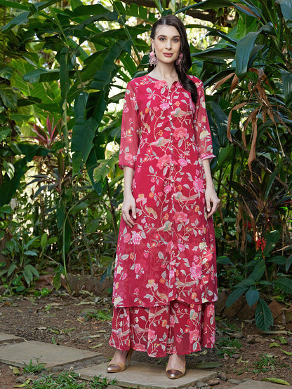 Floral Printed A-Line Kurta with Palazzo - Dark Pink
