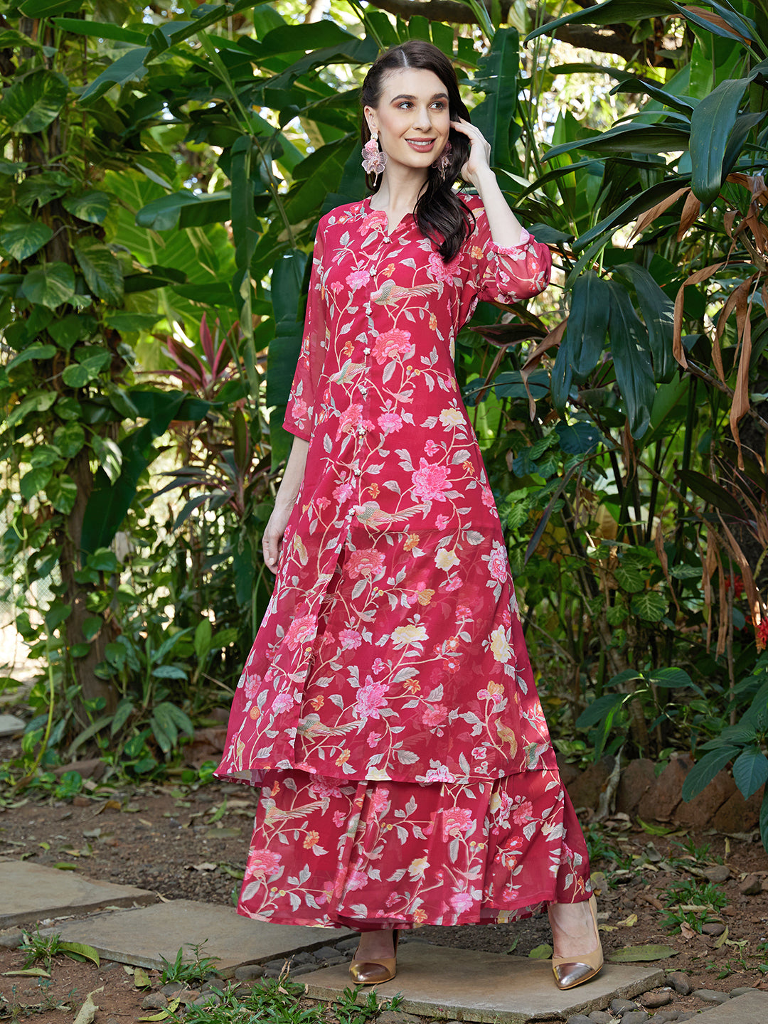 Floral Printed A-Line Kurta with Palazzo - Dark Pink