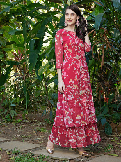 Floral Printed A-Line Kurta with Palazzo - Dark Pink