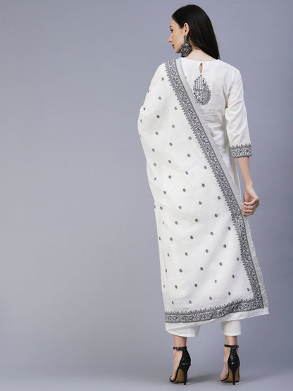 Ethnic Woven Straight Fit Kurta with Palazzo & Dupatta - White