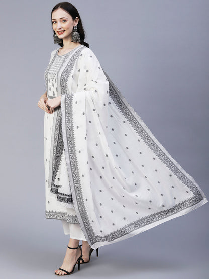 Ethnic Woven Straight Fit Kurta with Palazzo & Dupatta - White