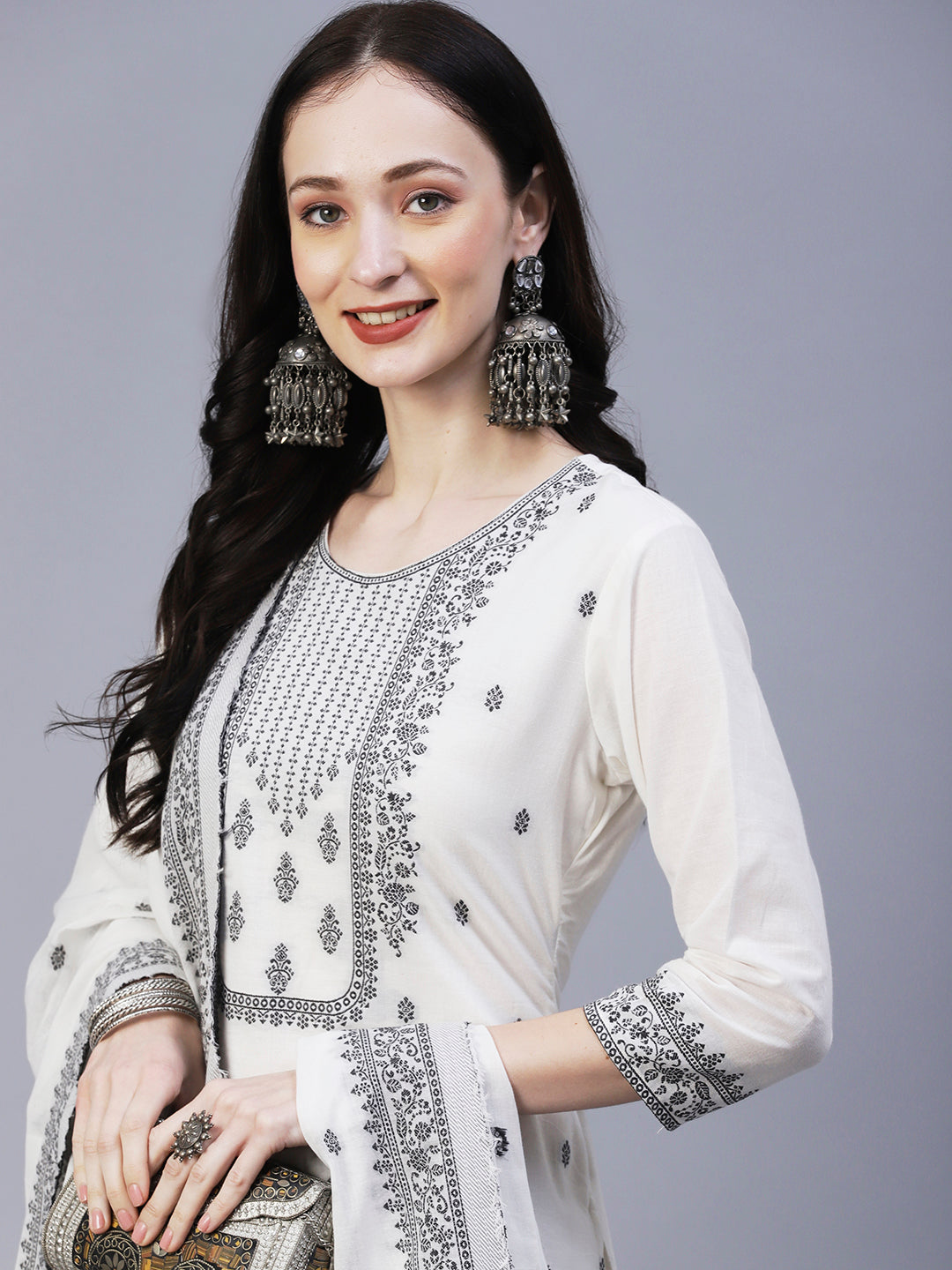 Ethnic Woven Straight Fit Kurta with Palazzo & Dupatta - White