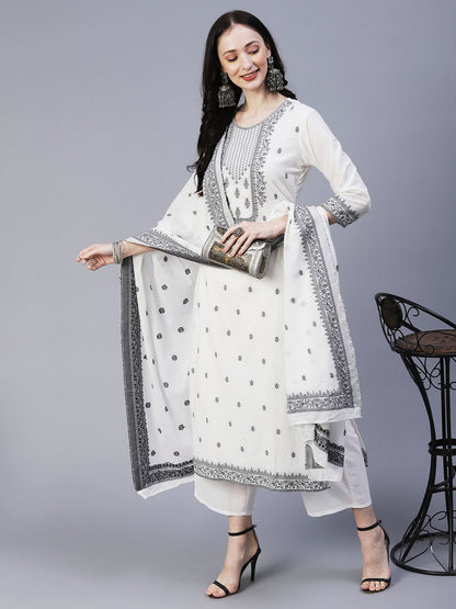 Ethnic Woven Straight Fit Kurta with Palazzo & Dupatta - White