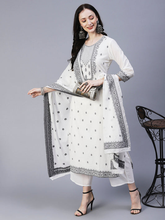 Ethnic Woven Straight Fit Kurta with Palazzo & Dupatta - White