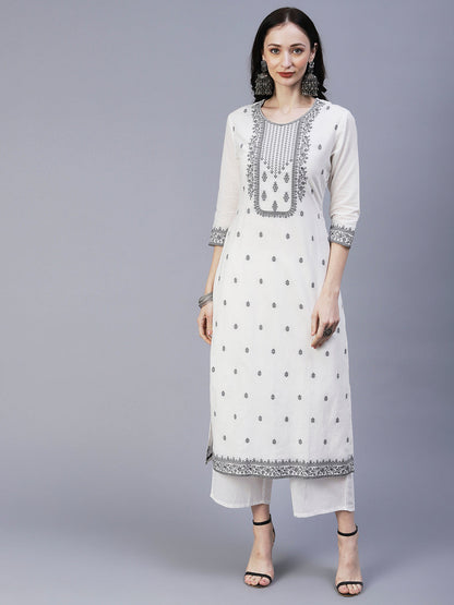 Ethnic Woven Straight Fit Kurta with Palazzo & Dupatta - White