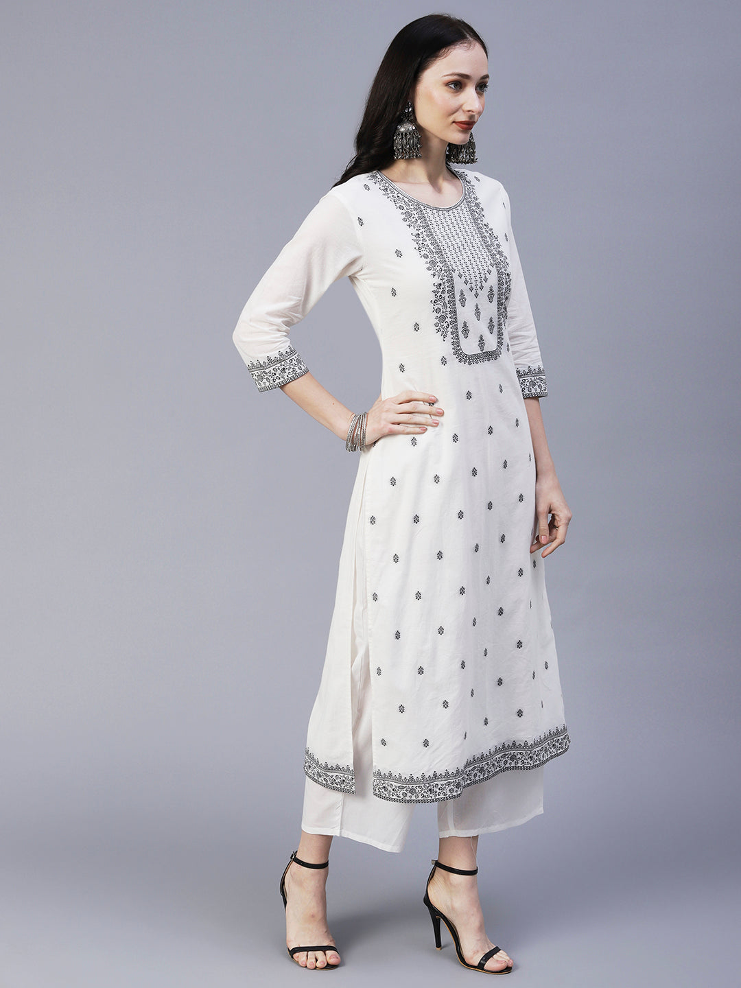 Ethnic Woven Straight Fit Kurta with Palazzo & Dupatta - White