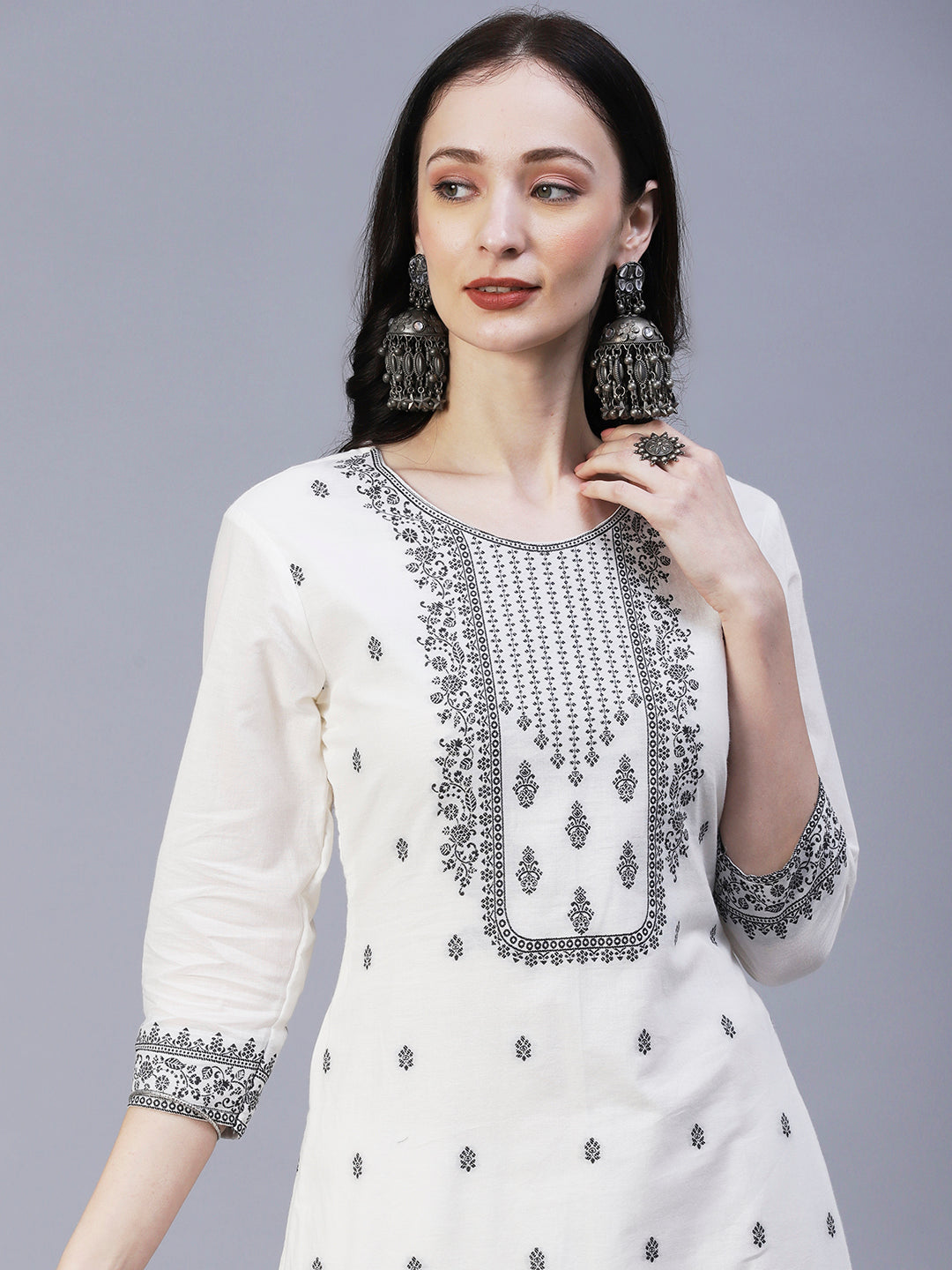 Ethnic Woven Straight Fit Kurta with Palazzo & Dupatta - White