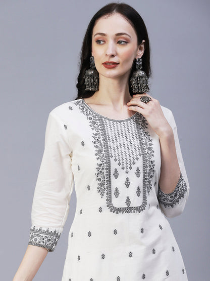 Ethnic Woven Straight Fit Kurta with Palazzo & Dupatta - White