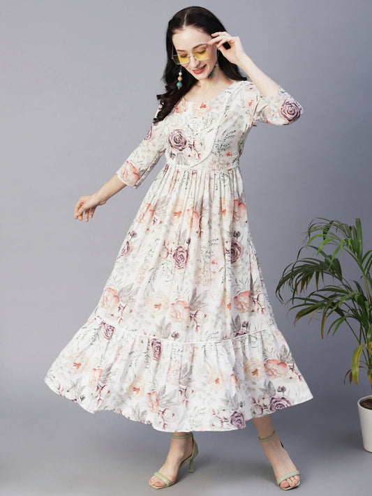 Floral Printed Beads & Resham Embroidered Pleated Maxi Dress - White