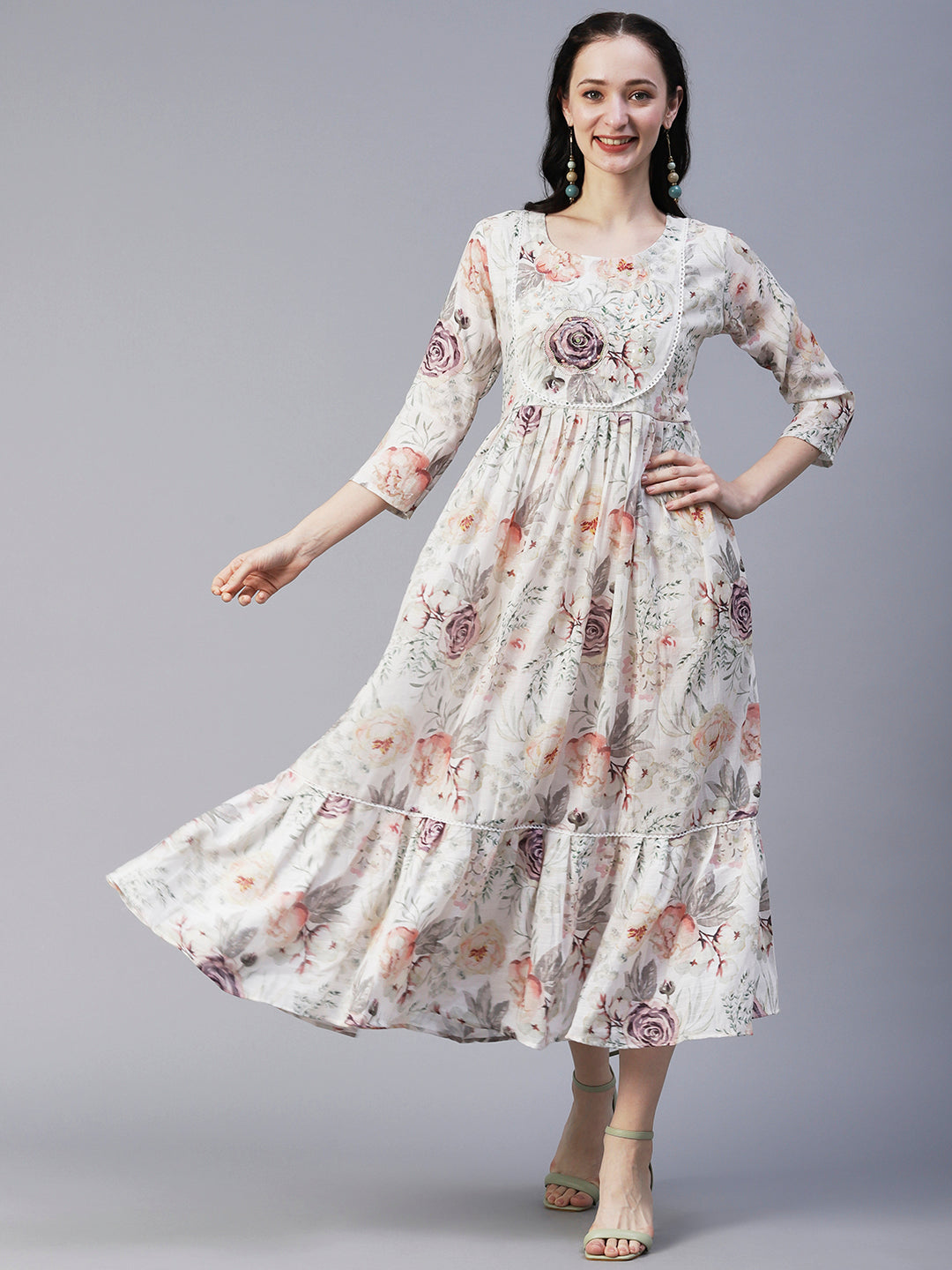 Floral Printed Beads & Resham Embroidered Pleated Maxi Dress - White