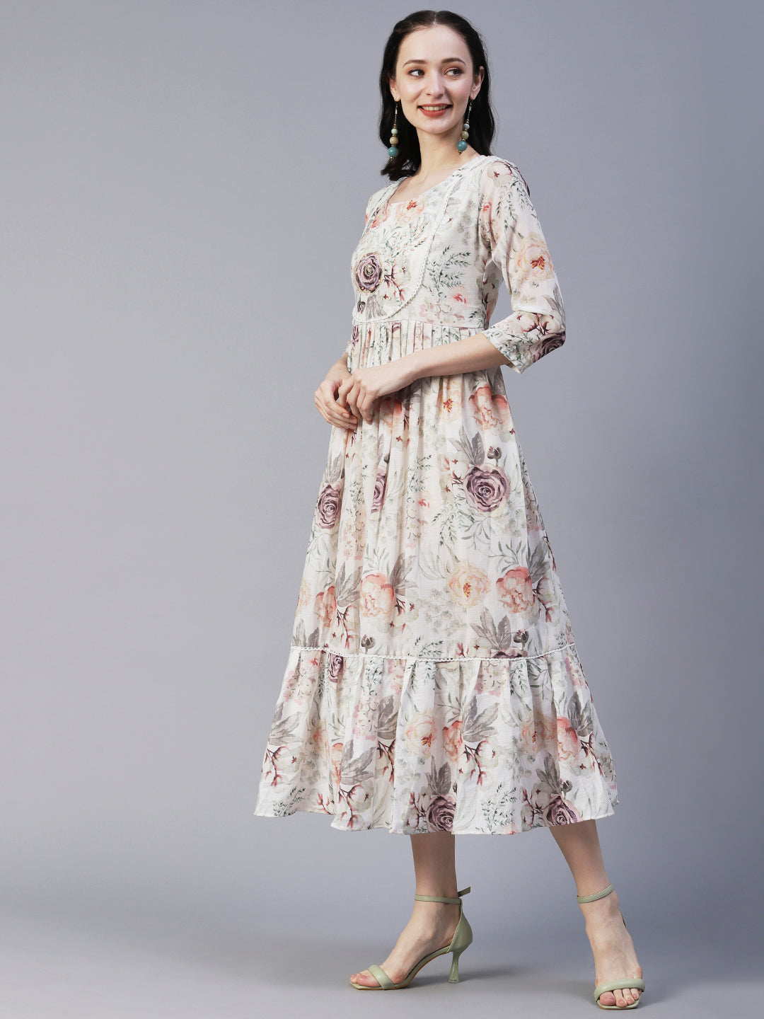 Floral Printed Beads & Resham Embroidered Pleated Maxi Dress - White